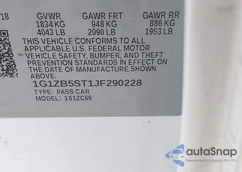 2018 Chevrolet Malibu 1Ls z USA, uszkodzony, nr VIN 1G1ZB5ST1JF290228